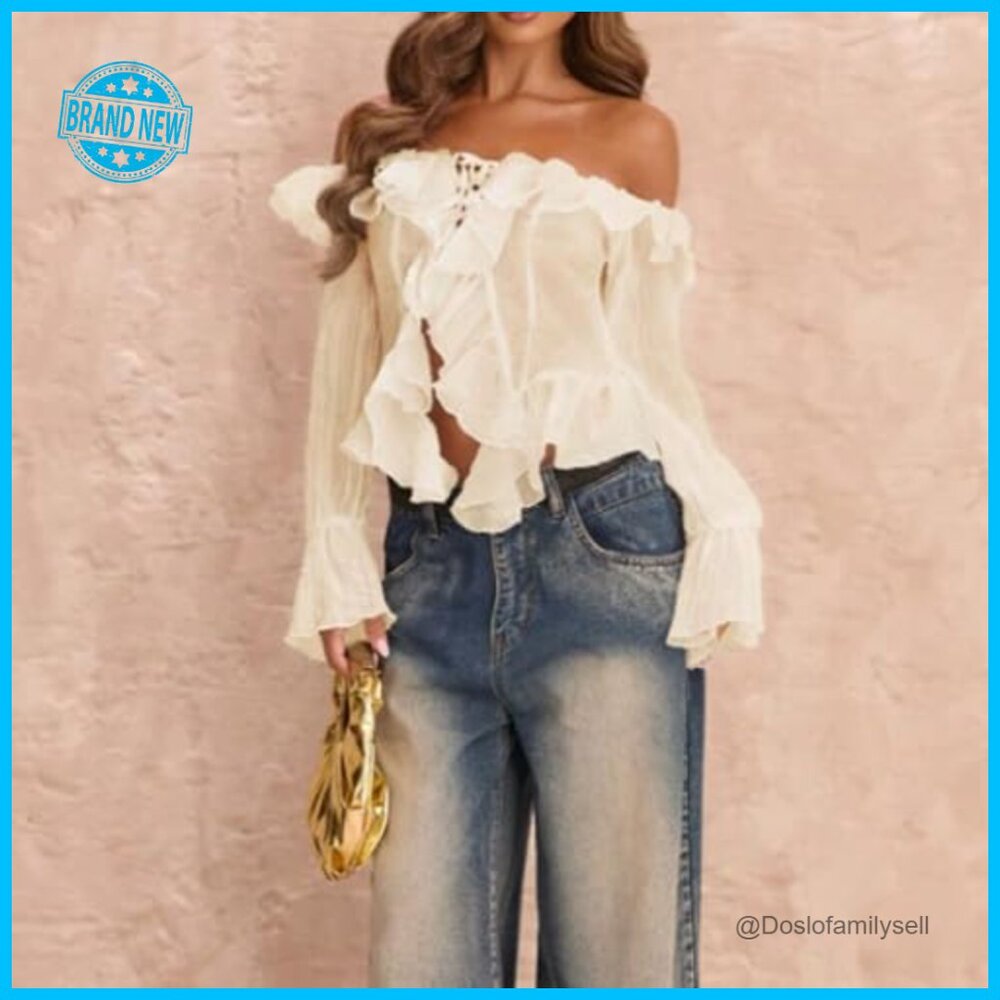 Off Shoulder Ruffle Crop Blouse Y2K Bell Sleeve See Through Chic Top - Picture 6 of 7